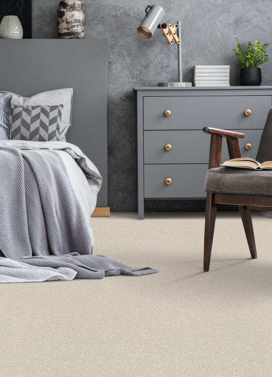 off white carpets in a calming grey bedroom