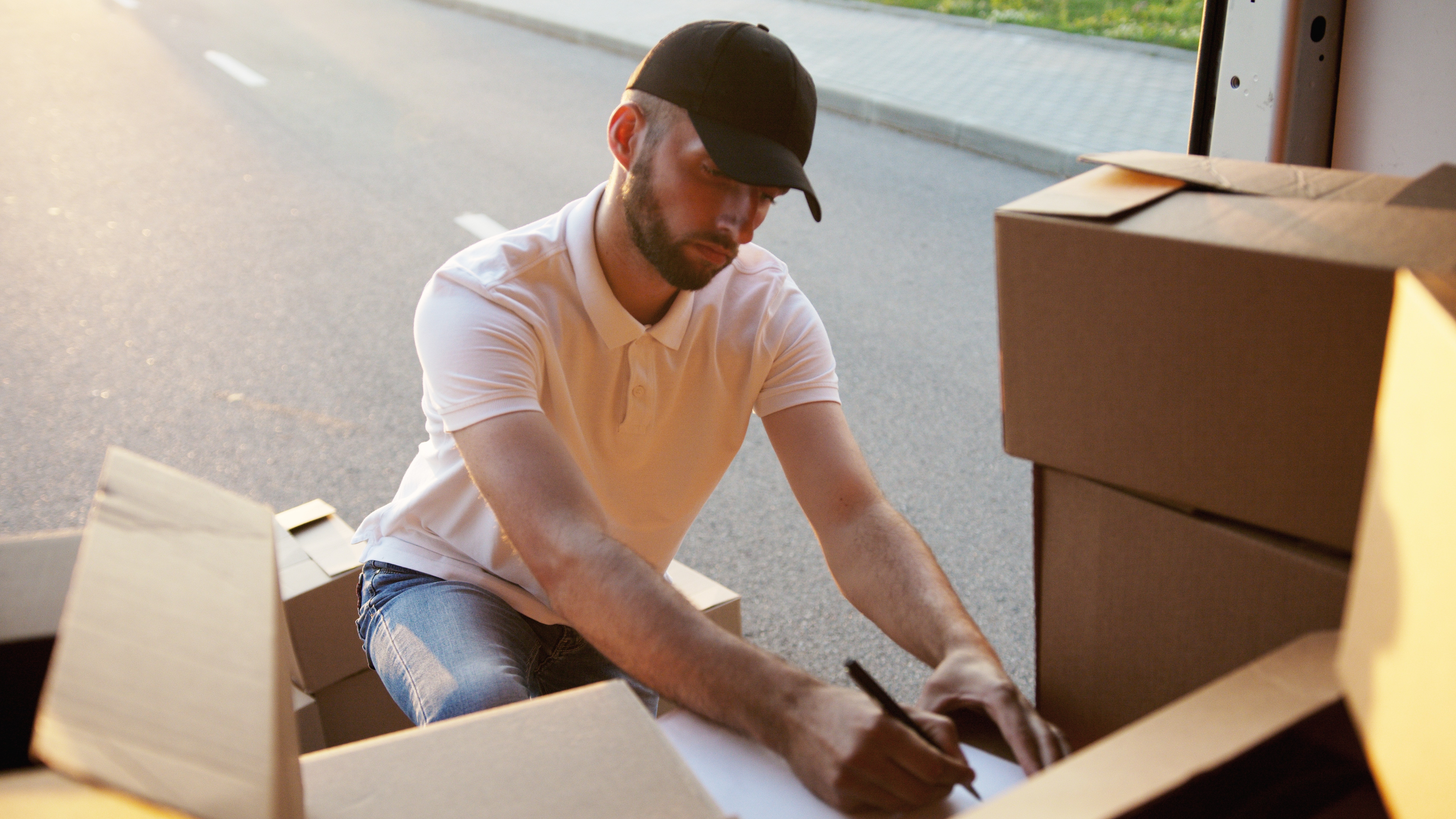 Stock Photo of man unloading truck with boxes 