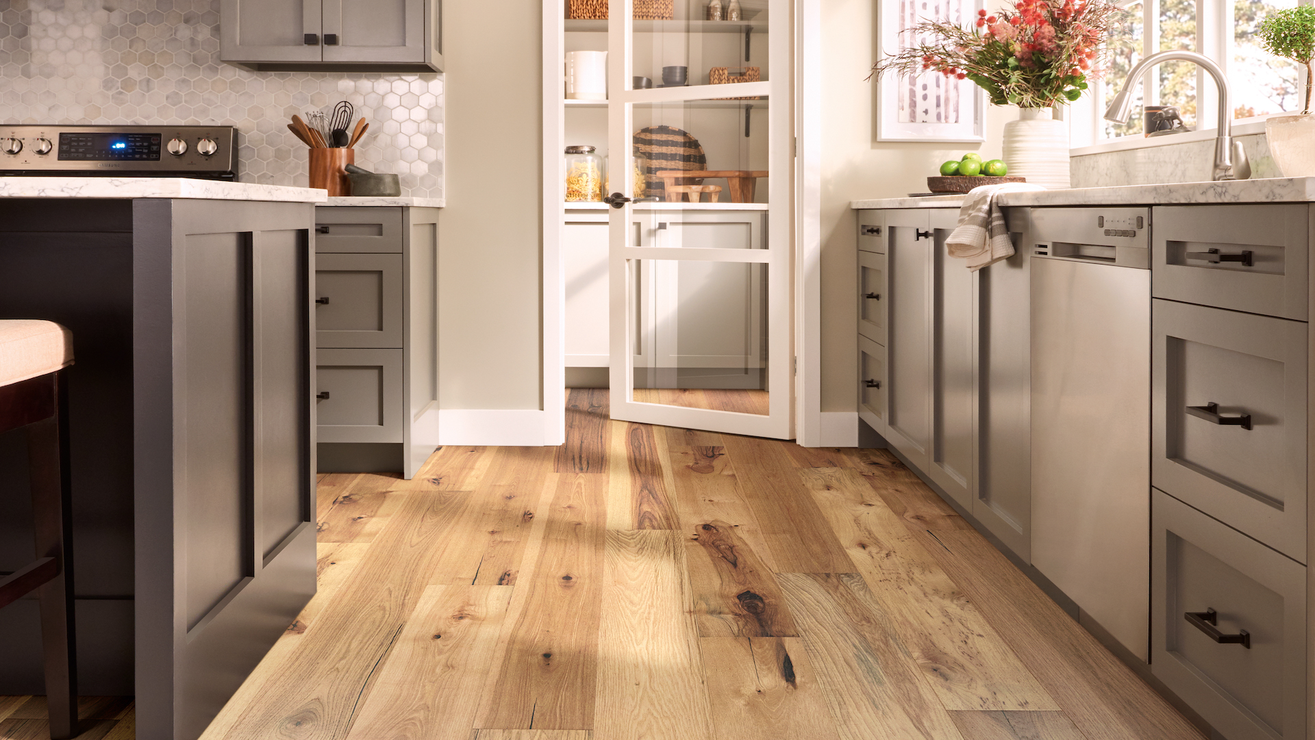 rustic hardwood flooring in a stylish kitchen